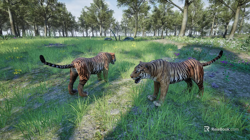 Two Reptilian Lizards Moving Across Green Grassland With Tall Trees Around 3d model 