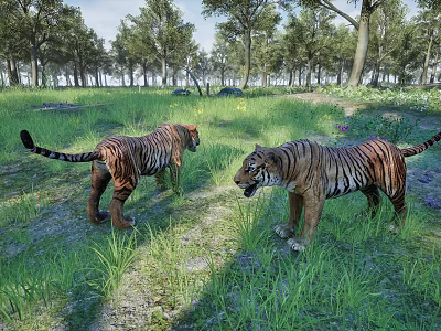 Two Reptilian Lizards Moving Across Green Grassland With Tall Trees Around 3d model