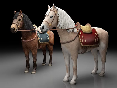 Two Brown And Light Colored Horses With Decorative Blue And Red Saddles 3d model