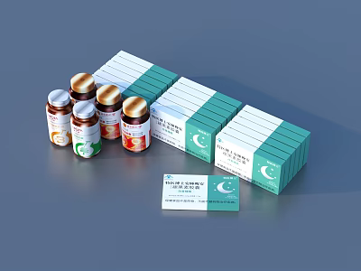 Essential Daily Health Products With Green White Boxes And Brown Cap Bottles 3d model