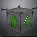 Metallic Cube Structure With Green Arrows And Mounting Brackets