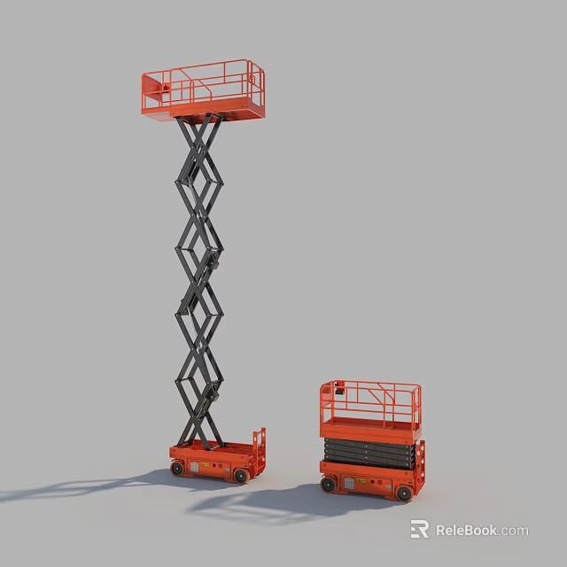 Two Orange Scissor Lift Utility Vehicles With Extended And Retracted Working Platforms 3d model 