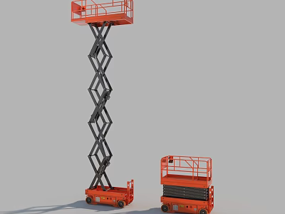 Two Orange Scissor Lift Utility Vehicles With Extended And Retracted Working Platforms 3d model