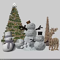 Christmas Decorations With Decorated Tree Snowmen Ornaments And Golden Reindeer