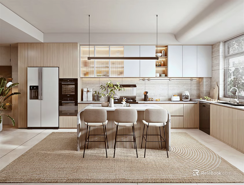 Modern Kitchen Interior Design With Wooden Cabinets Island Counter White Countertops And Hanging Lights 3d model 