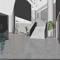 Modern Hotel Public Lounge Area With Curved Sofa Green Plants And Round Ceiling Light