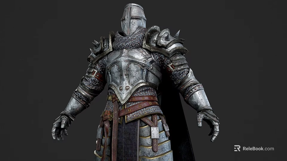 Medieval Game Movie Character In Detailed Metal Armor With Decorative Shoulder Plates And Cloak 3d model 