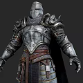 Medieval Game Movie Character In Detailed Metal Armor With Decorative Shoulder Plates And Cloak