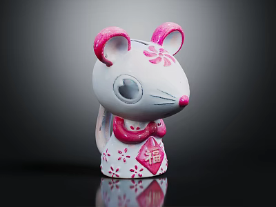 Mouse Decorative Figurine with White Pink Color and Flower Patterns and Chinese Character Fu 3d model