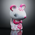 Mouse Decorative Figurine with White Pink Color and Flower Patterns and Chinese Character Fu