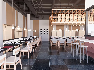 Modern Restaurant Interior With Tables Chairs Hanging Lights Wooden Structures Open Layout Dark Floor Tiles 3d model