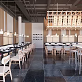 Modern Restaurant Interior With Tables Chairs Hanging Lights Wooden Structures Open Layout Dark Floor Tiles