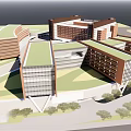 Modern Campus Architectural Complex Featuring Brown White Facade Green Area And Circular Blue Space 3d model