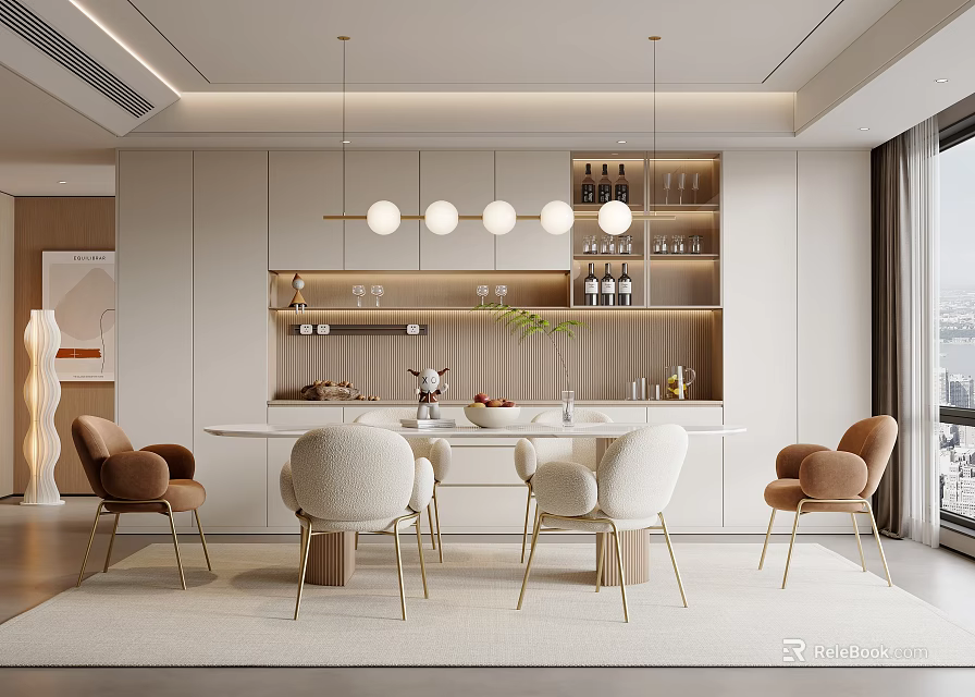 Modern Restaurant Interior With White Dining Table White And Brown Chairs And Circular Pendant Lights 3d model 