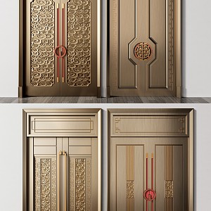 New Chinese Style Double Door Double Open Brushed Copper Door Combination 3d model