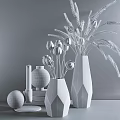 Elegant Decorative Ornament Set With White Vases Dried Flowers And Candles