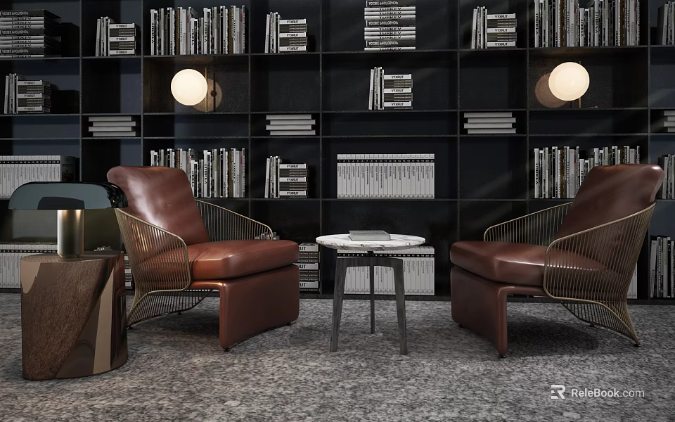 Leisure Sofa Set With Brown Leather Armchairs Black Bookshelf Background And Gray Carpet 3d model 