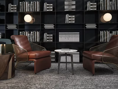 Leisure Sofa Set With Brown Leather Armchairs Black Bookshelf Background And Gray Carpet 3d model