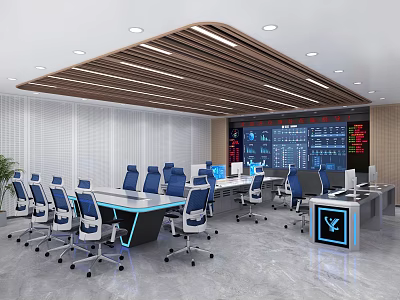 Modern Monitoring Room With Multiple Screens Ergonomic Chairs Control Workstations And Wooden Slat Ceiling Lighting 3d model