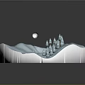 Cartoon Winter Scene With Snowy Hills Pine Trees Warm Lights And Moon