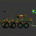 Armored 6 Wheeled Military Vehicle With Green Orange Camouflage Turret Cannon And Brazilian Flag