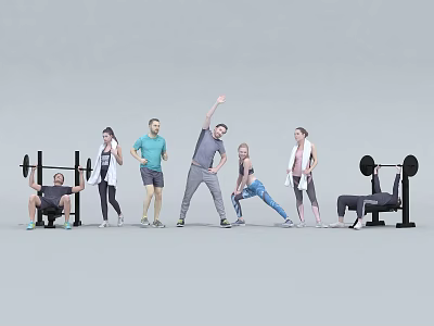 Group of People Doing Various Fitness Exercises With Barbells On Gray Background 3d model
