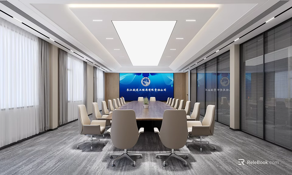 Modern Conference Room Interior With Long Table Beige Chairs And Large Screen 3d model