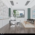 Modern Dental Clinic Interior With Dental Chair Display Shelves Sofa And City View