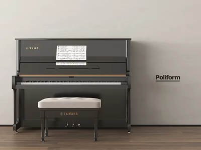 YAMAHA Black Upright Piano With Stool Music Sheet In Poliform Light Wall Wooden Floor Interior 3d model