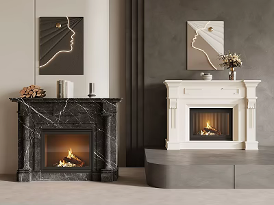 Two Stylish Modern Fireplaces With Marble Surrounds Artwork On Top And Warm Flames Inside 3d model
