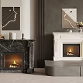 Two Stylish Modern Fireplaces With Marble Surrounds Artwork On Top And Warm Flames Inside
