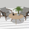 Woven Rattan Leisure Chairs With Wooden Frame Gray Cushions Round Coffee Table And Decorative Plants