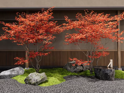 Vibrant Red Leaved Trees In Serene Garden With Wooden Wall Rocks Grass And Stone Basin 3d model