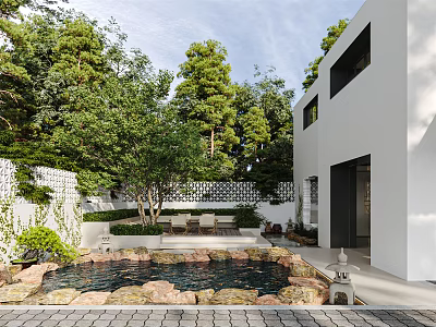 Garden Landscape with Small Pond Stones Green Trees White Building Lattice Wall and Patio Seats 3d model