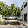 Garden Landscape with Small Pond Stones Green Trees White Building Lattice Wall and Patio Seats