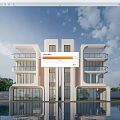 Modern Detached Villa Exterior With Glass Windows Balconies And Water Reflection Scenic View
