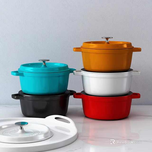 Colorful Stacked Cookware Set With Multiple Pots And Lids For Modern Kitchen 3d model 
