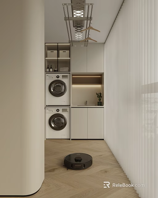 Modern Home Balcony With Stacked Washing Machine Dryer White Cabinets And Green Plant 3d model 