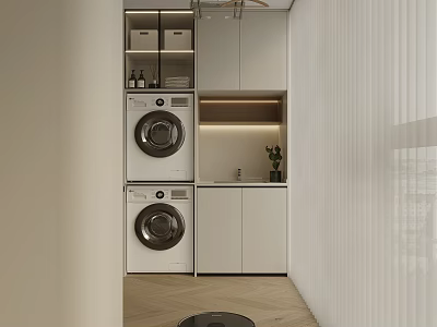 Modern Home Balcony With Stacked Washing Machine Dryer White Cabinets And Green Plant 3d model