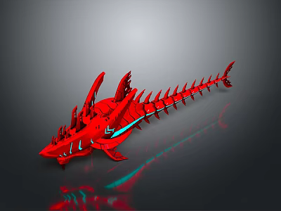 Red Elongated Biomechanical Creature With Spikes Blue Glowing Lines On Dark Background 3d model