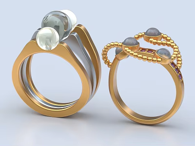 Elegant Gold Silver Rings Featuring Clear Gray Small Red Stones And Twisted Chain Design 3d model