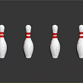 Multiple White Bowling Pins With Red Stripes And Crown Logo On Dark Surface With Reflections