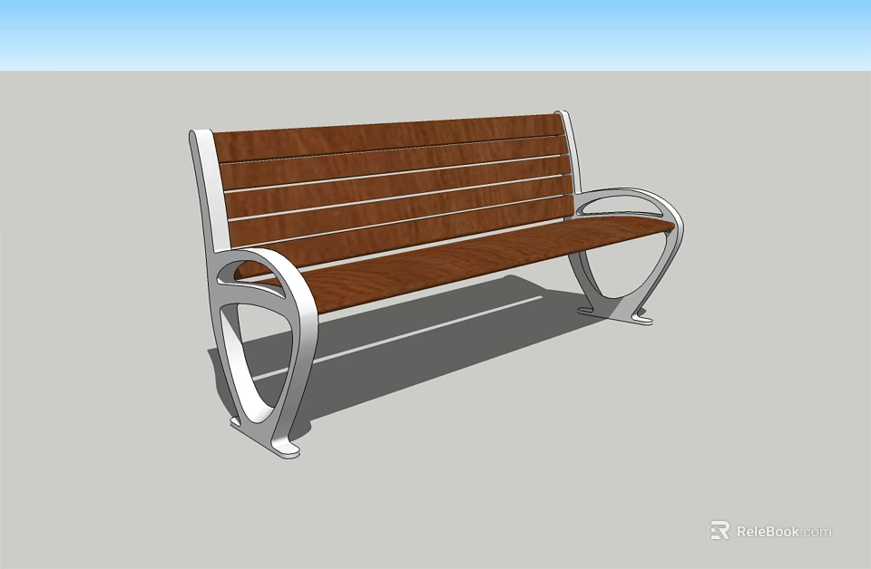 Outdoor Landscape Bench With Wooden Slats And Silver Metal Frame 3d model 