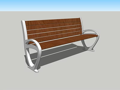 Outdoor Landscape Bench With Wooden Slats And Silver Metal Frame 3d model