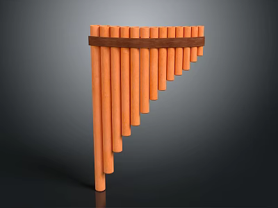 Artistic Pan Flute Musical Instrument Crafted From Orange Paint Tubes With Brown Strap In Triangular Shape 3d model