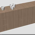 Modern Entryway Cabinet Sideboard in Light Wood with Drawers Doors and White Cups on Top