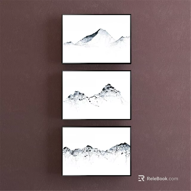 Three Framed Ink Wash Landscape Paintings With Mountain Scenery On Brown Wall 3d model 
