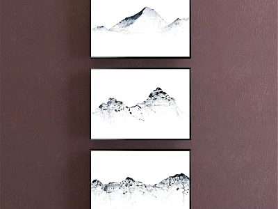 Three Framed Ink Wash Landscape Paintings With Mountain Scenery On Brown Wall 3d model