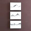 Three Framed Ink Wash Landscape Paintings With Mountain Scenery On Brown Wall