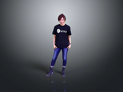 Woman with short hair in black STYLE T shirt blue jeans black boots gray background 3d model
